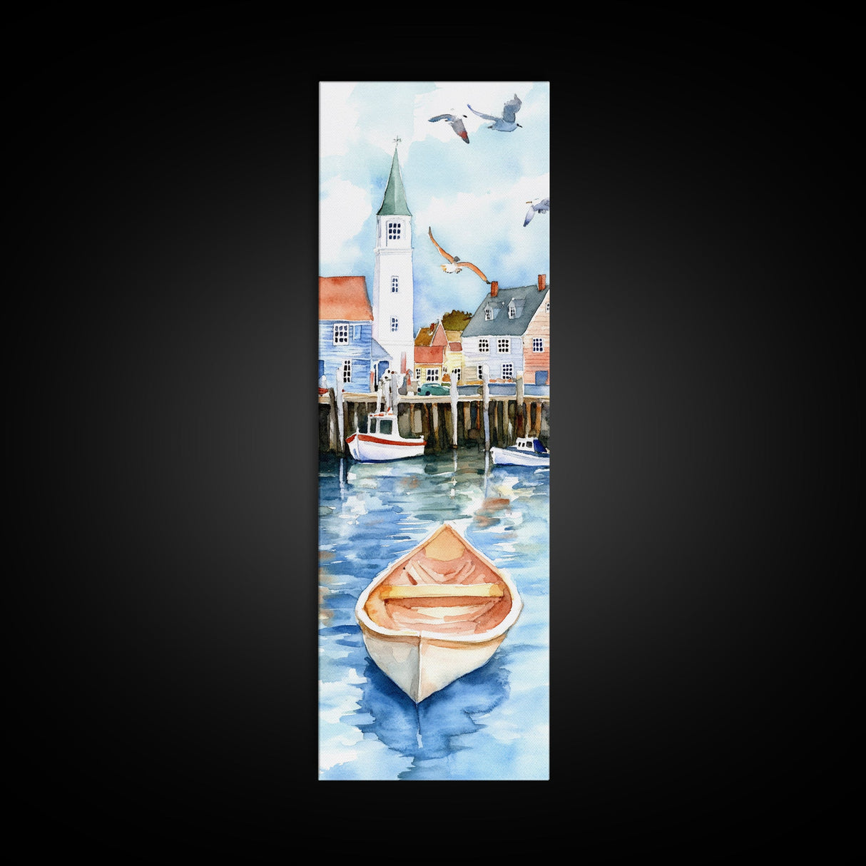 Tranquil Coastal Village with Seagulls Painting - Canvas Print for Nautical Wall Art, Coastal Scene Decor, Ocean-Inspired Art, Harbor Home Decor
