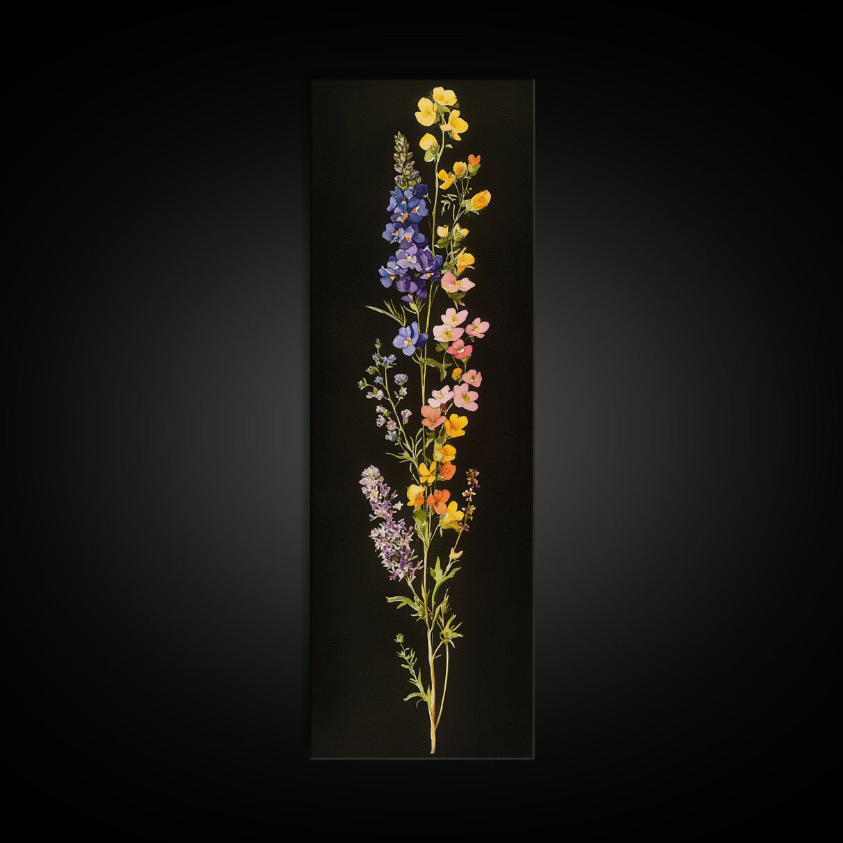 Elegant Wildflower Botanical Art - Framed Canvas Print Featuring Vertical Array of Vibrant Blooms on Dark Background