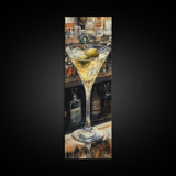 Realistic Martini Glass with Olives, Classic Cocktail Art, Bar Scene Canvas Print, Retro Kitchen Decor, Olive Martini Painting