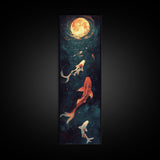 Koi Fish Under a Full Moon, Framed Canvas Print, Wabi Sabi Home Decor, Funky Boho Wall Art, Tall Skinny Art, Narrow Tall Wall Art