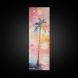 Palm Tree at Sunset Framed Canvas Print, Coastal Oil Painting, Coastal Decor, Tall Narrow Art, Accent Piece Wall Art, Coastal Landscape Art