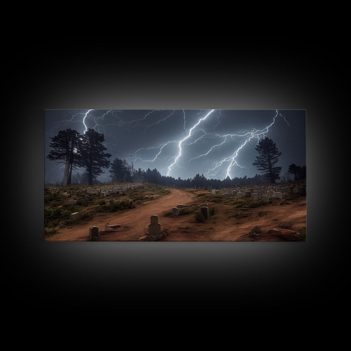 Gloomy Haunted Graveyard At Night, Lightning Storm, Halloween Cemetery Art, ready to hang canvas print wall art