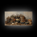 Cornucopia Wall Art, Basket Wall Decor Framed Canvas Print, Boho Wall Art, Wicker Round Bowl Art, Wicker Wall Art Print, Fall Decor