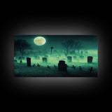 Halloween Cemetery At Night, Full Moon, Spooky Creepy Graveyard, ready to hang canvas print wall art