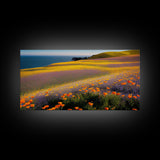 Lush Fields with Orange, Purple and Yellow Flowers, Vintage Italian Countryside, ready to hang canvas print wall art