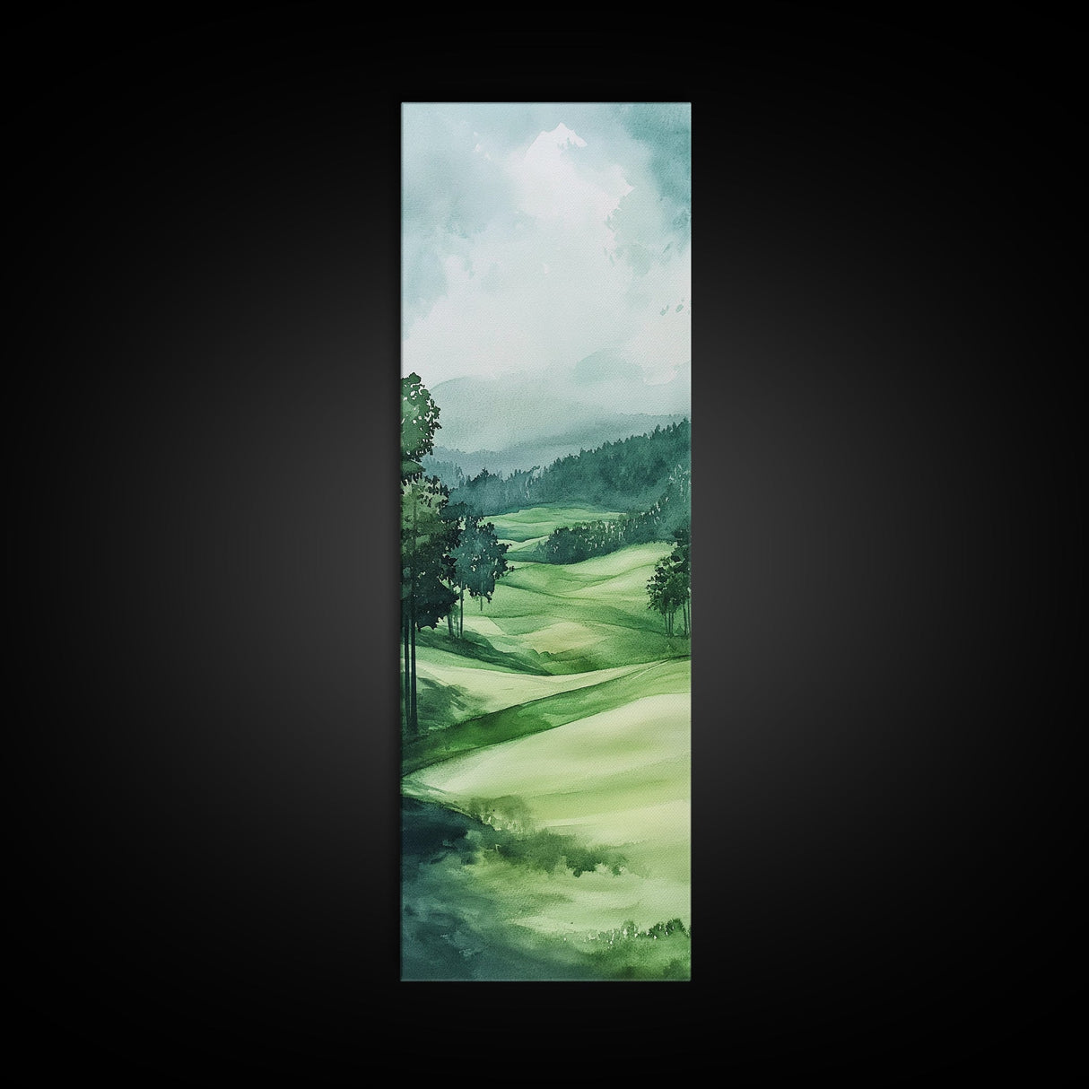 Watercolor Mountain Art Canvas Print Rustic Landscape Art Above Bed Wall Art Extra Wide Art Vertical Wall Art Green Wall Art Gift