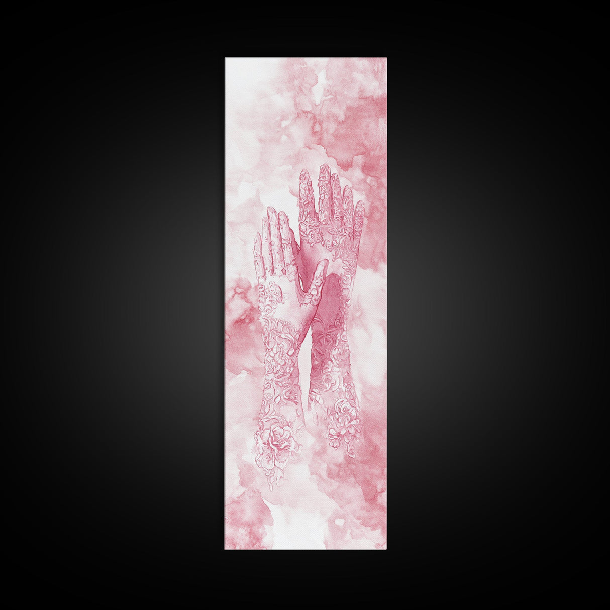 Elegant Mehndi Hand Art Framed Canvas Print - Light Pink Wall Art, Botanical Prints, Whimsical Art, Yoga Art, Gift Idea Her, Bedroom Decor