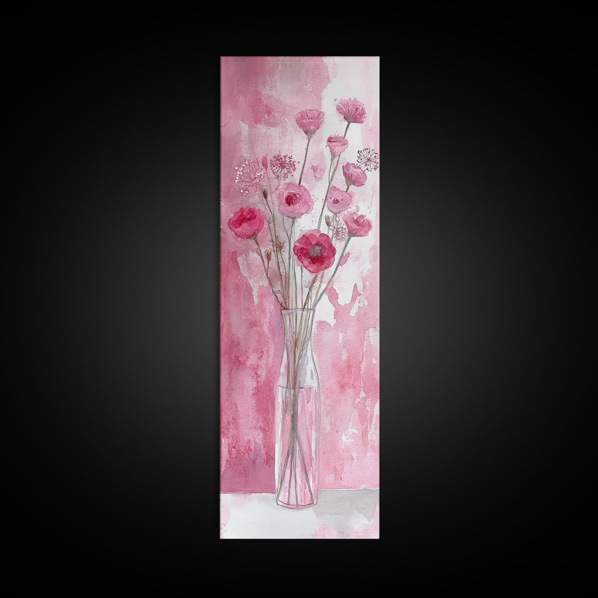 Wildflower Bouquet Framed Canvas Print Pink Poppy Painting Tall Skinny Art Living Room Above Sofa Rustic Guest Room Floral Wall Art