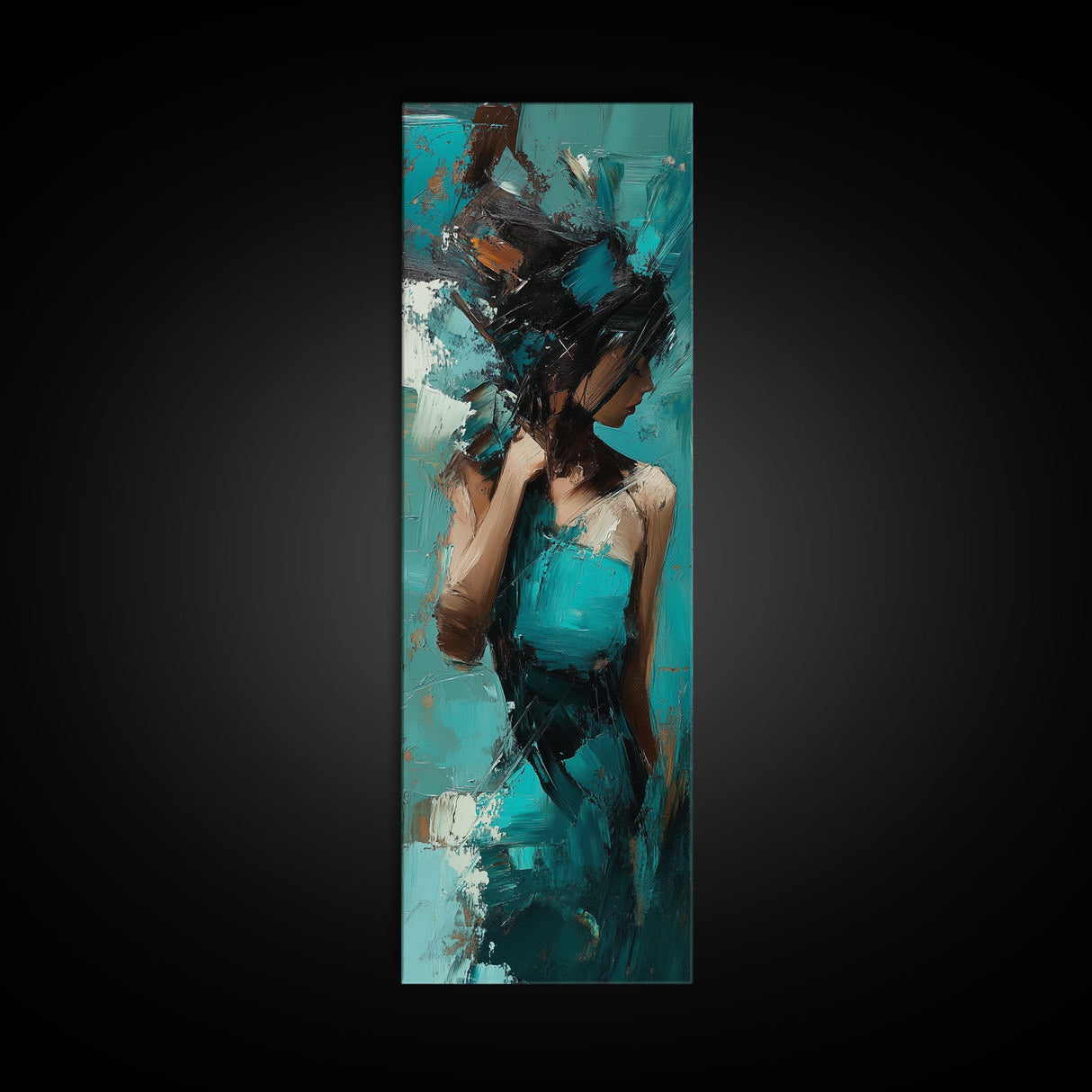 Moody Woman Framed Canvas Print in Teal, Dark Romance Painting, Moody Art, Living Room Art, Gift Idea, Vertical Wall Art