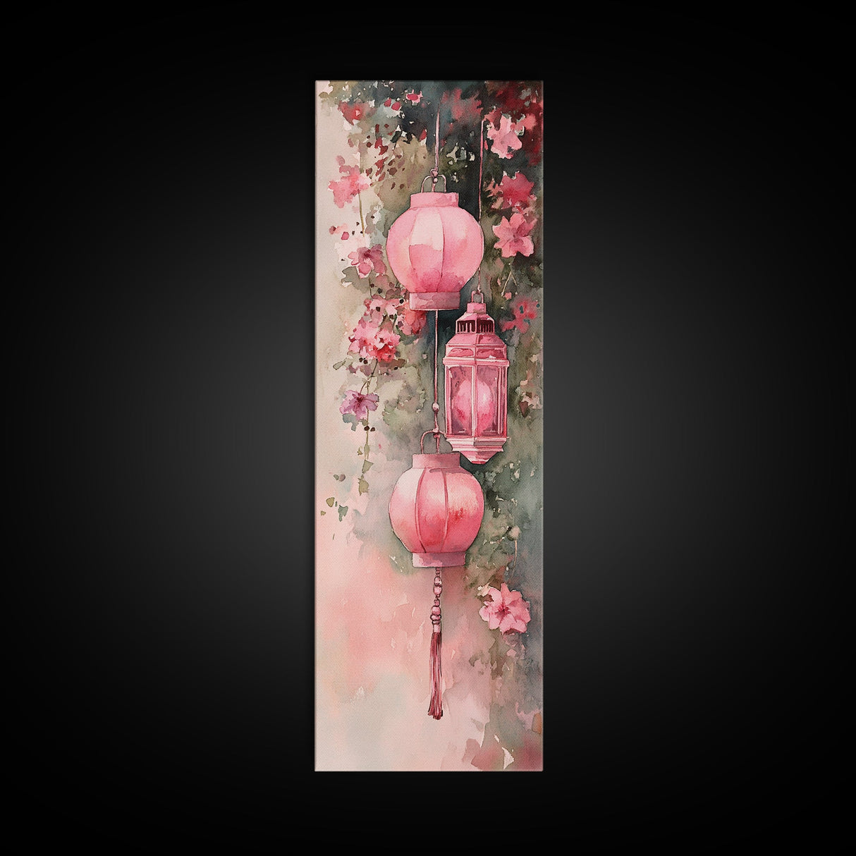 Lantern Glow Canvas Print, whimsical Moroccan wall art with light pink tones and floral accents, tall skinny vertical wall art piece.