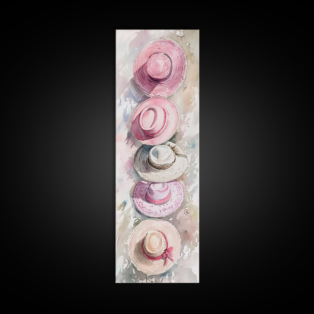 Summer Hats Canvas Print, coastal cowgirl wall art with pastel pink and beige hat patterns, rustic vertical wall art for living spaces.