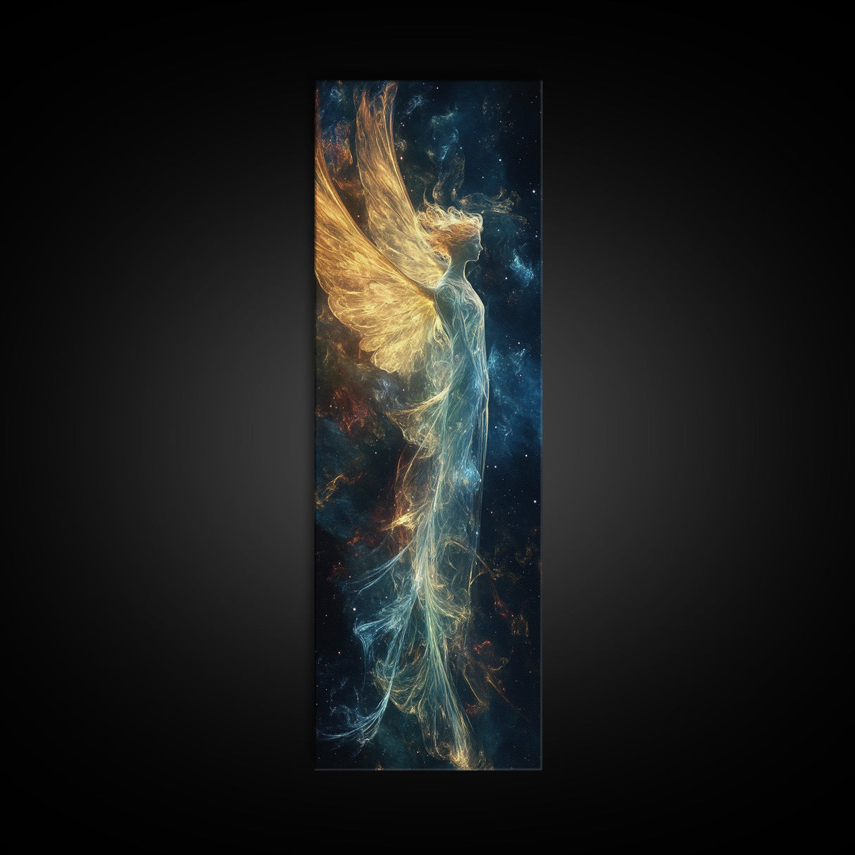 Angelic Wings Canvas Print with Golden Lights, Angel Art Prints, Vertical Wall Art, Bedroom Art, Gift Idea, Boho Art
