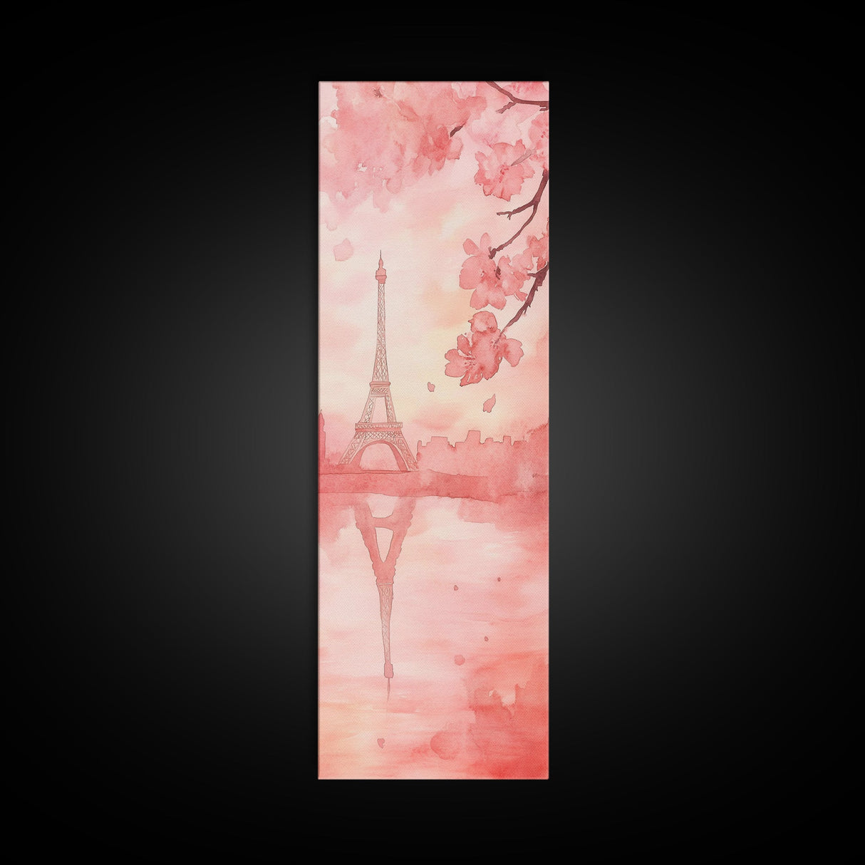 Eiffel Tower Reflection Pink Cherry Blossom Canvas Print Paris Wall Art Romantic Landscape Long Narrow Above Bed Vertical Art