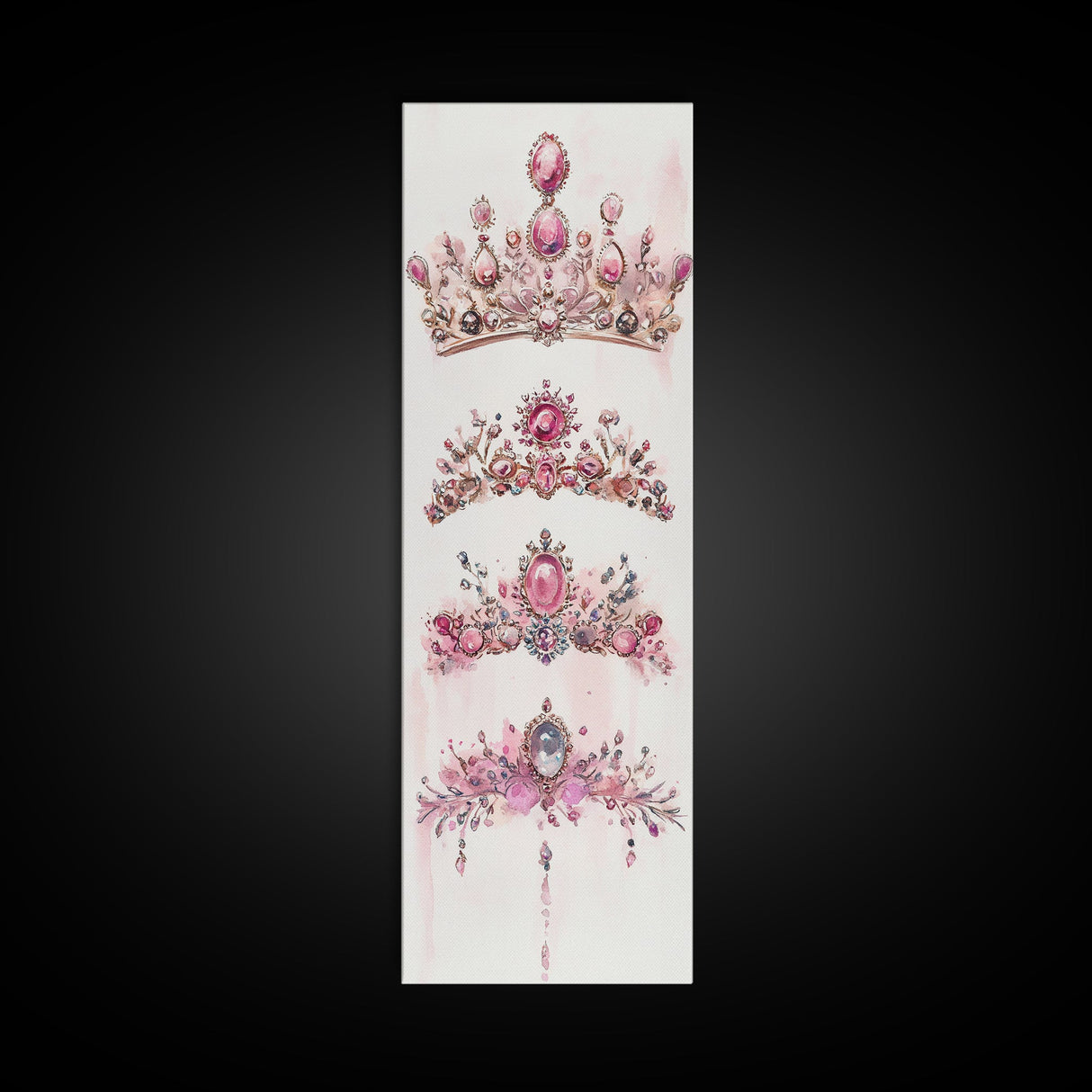 Royal Pink Tiara Framed Canvas Print Princess Gemstone Painting Feminine Wabi Sabi Art Vertical Wall Art Elegant Home Decor