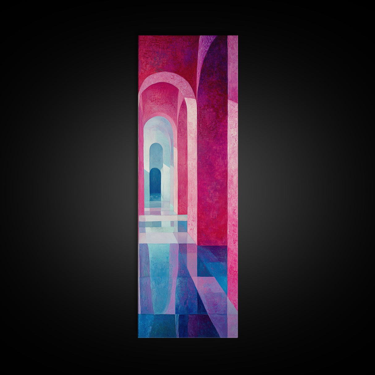 Geometric Archway Framed Canvas Print, Abstract Pink and Blue Whimsical Art, Skinny Vertical Wall Art for Modern Living Room Decor