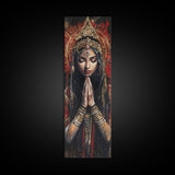 Goddess Prayer Painting Framed Canvas Print, Kerala Mural Art with Rich Red and Gold, Dark Angels Wall Art for Boho Bedroom Decor
