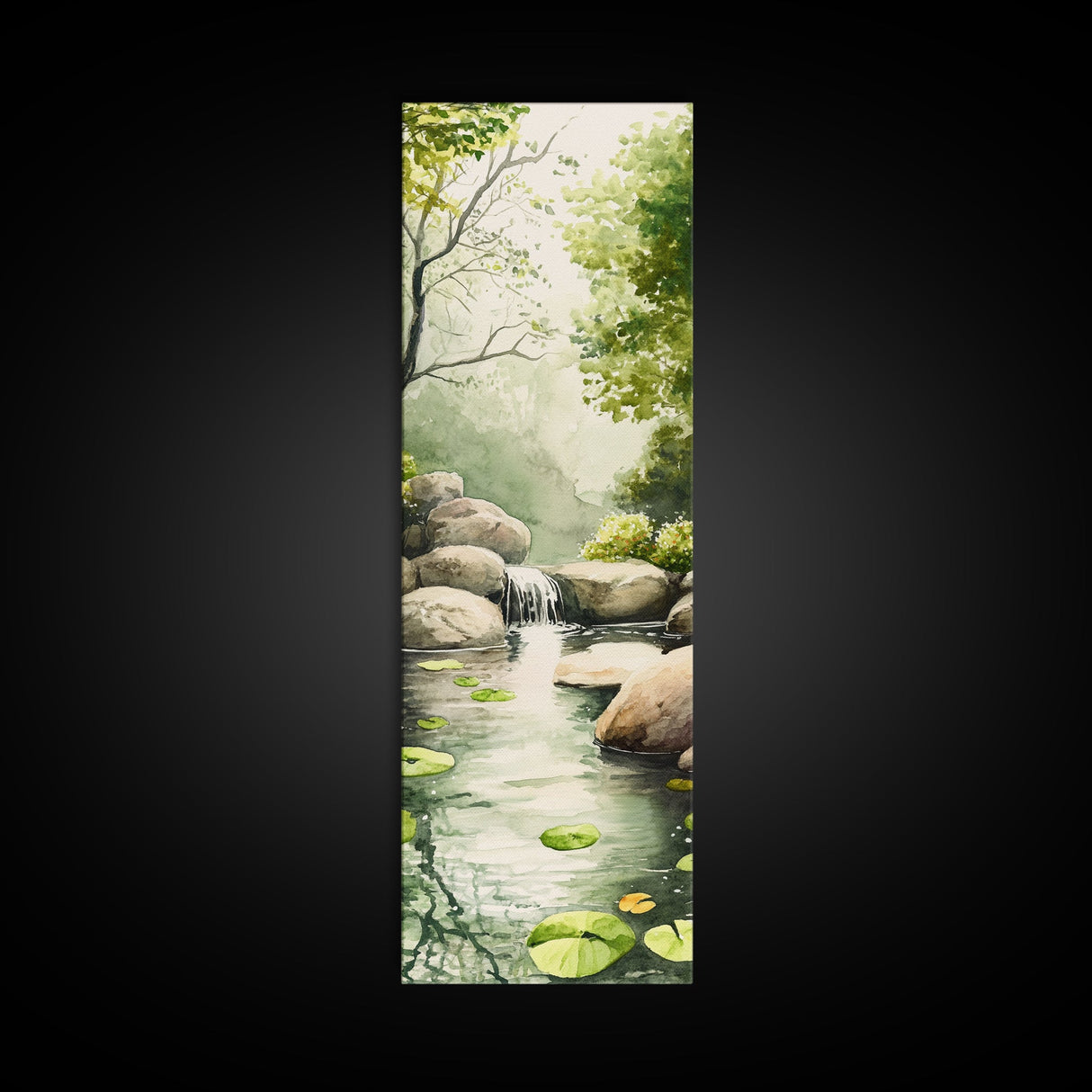Tranquil Waterfall Scene Framed Canvas Print Green Wall Art Botanical Prints Vertical Landscape Art Above Bed Living Room Decor