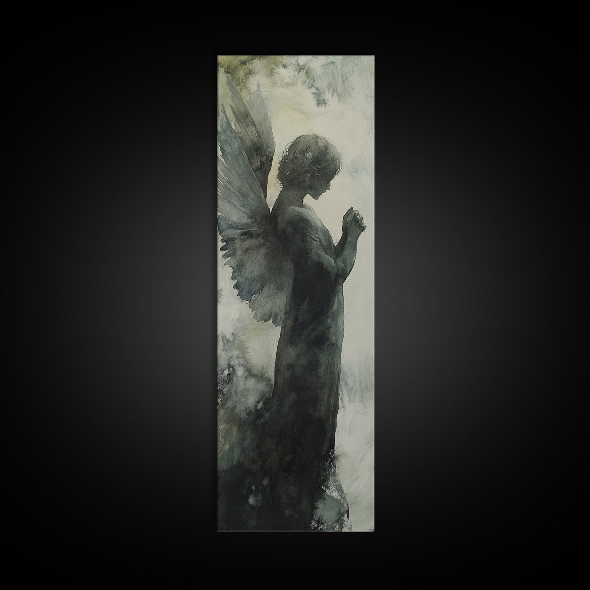 Watercolor Angel Canvas Print with Elegant Moody Design, Dark Angels Wall Art Gift Idea, Vertical Bedroom Zen Art Piece