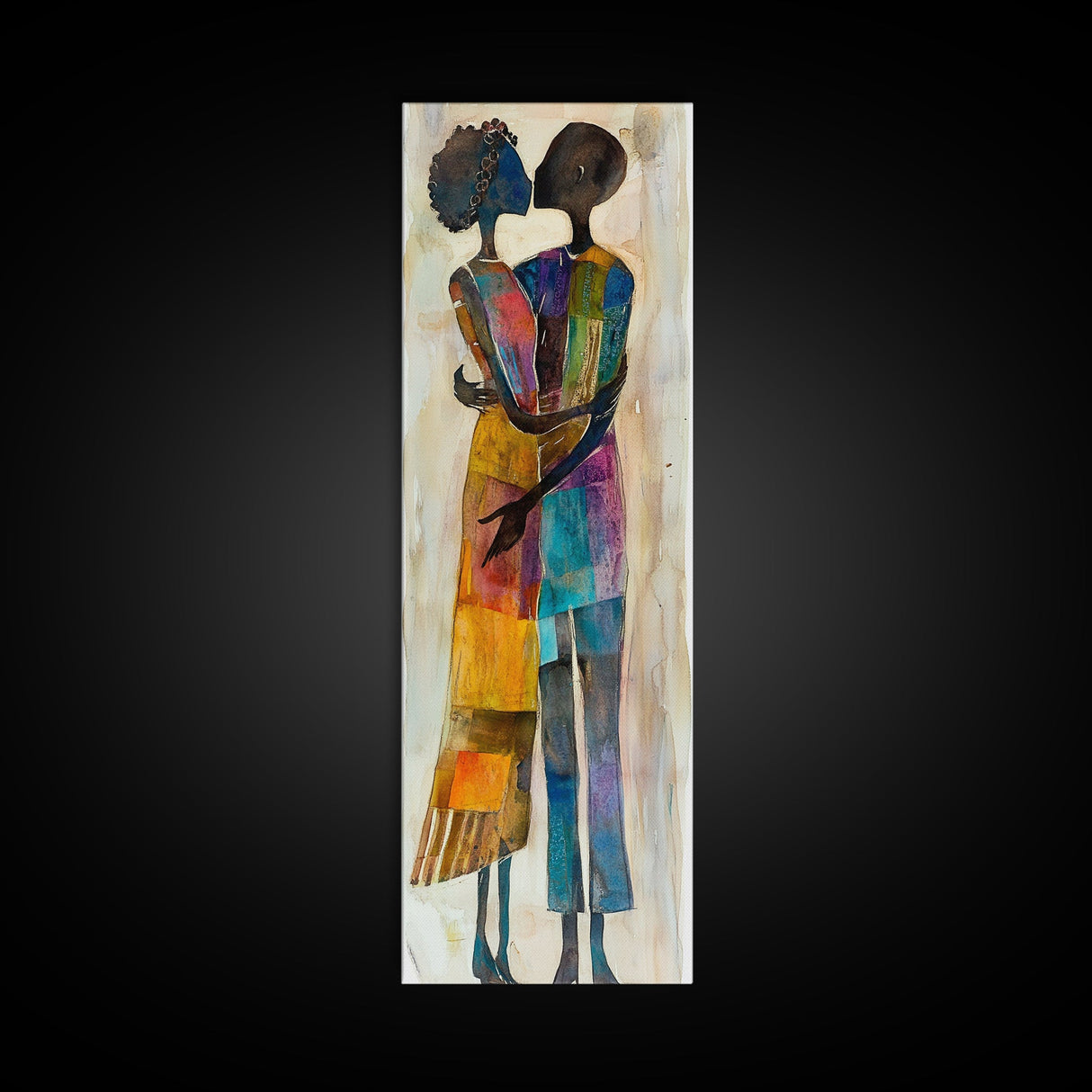 Afrocentric Couple Dancing Framed Canvas Print Colorful Abstract Painting Black Love Home Decor Tall Narrow Art Gift Idea