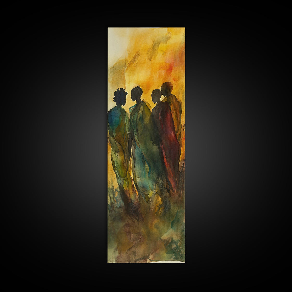 Golden Silhouettes Framed Canvas Print African Inspired Art Sunset Hues Moody Abstract Living Room Wall Art Fall Home Decor
