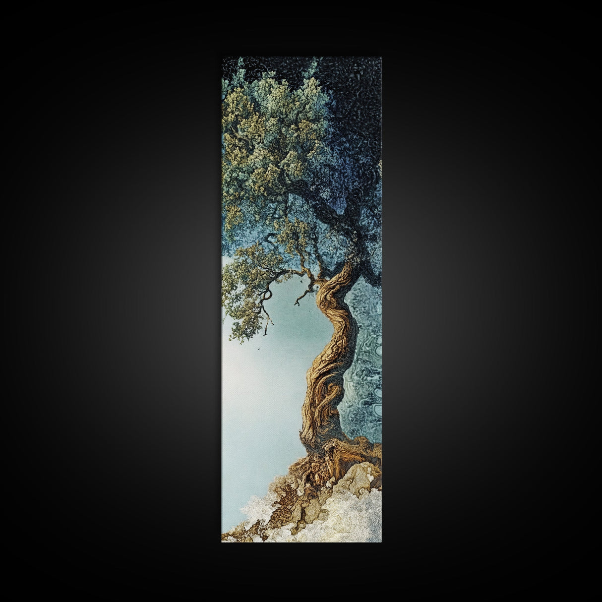 Detailed Oak Tree Framed Canvas Print in Textured Earth Tones, Tall Narrow Wall Art for Living Room or Bedroom Rustic Decor