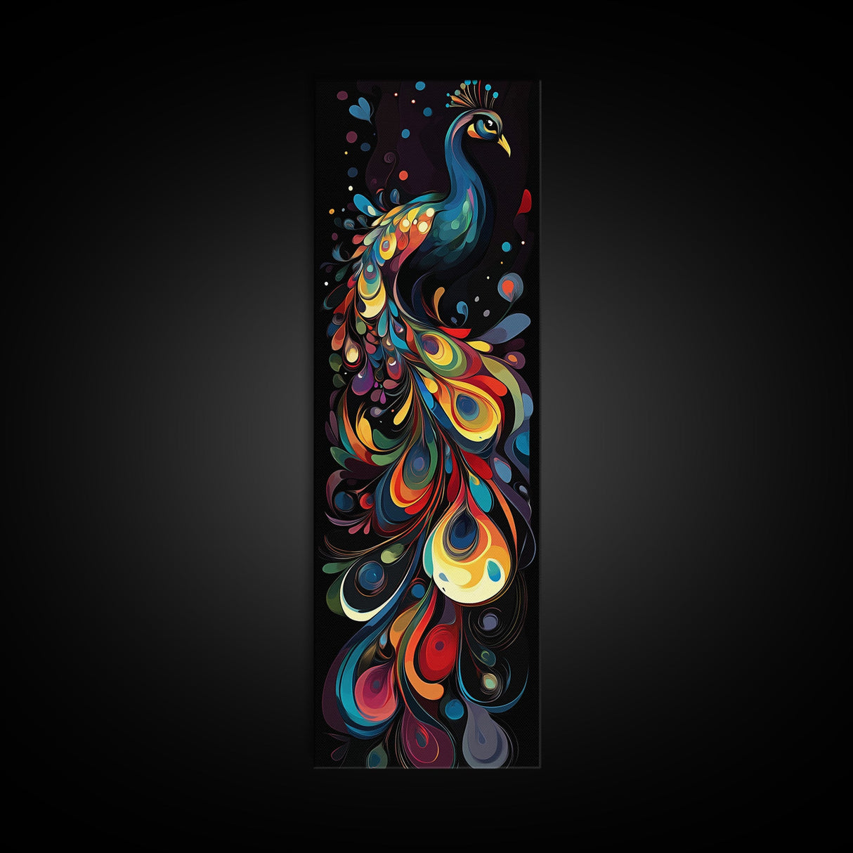 Dynamic Peacock Framed Canvas Print with Swirling Colors, Vibrant Bird Art Perfect Vertical Wall Art and Boho Home Decor Accent