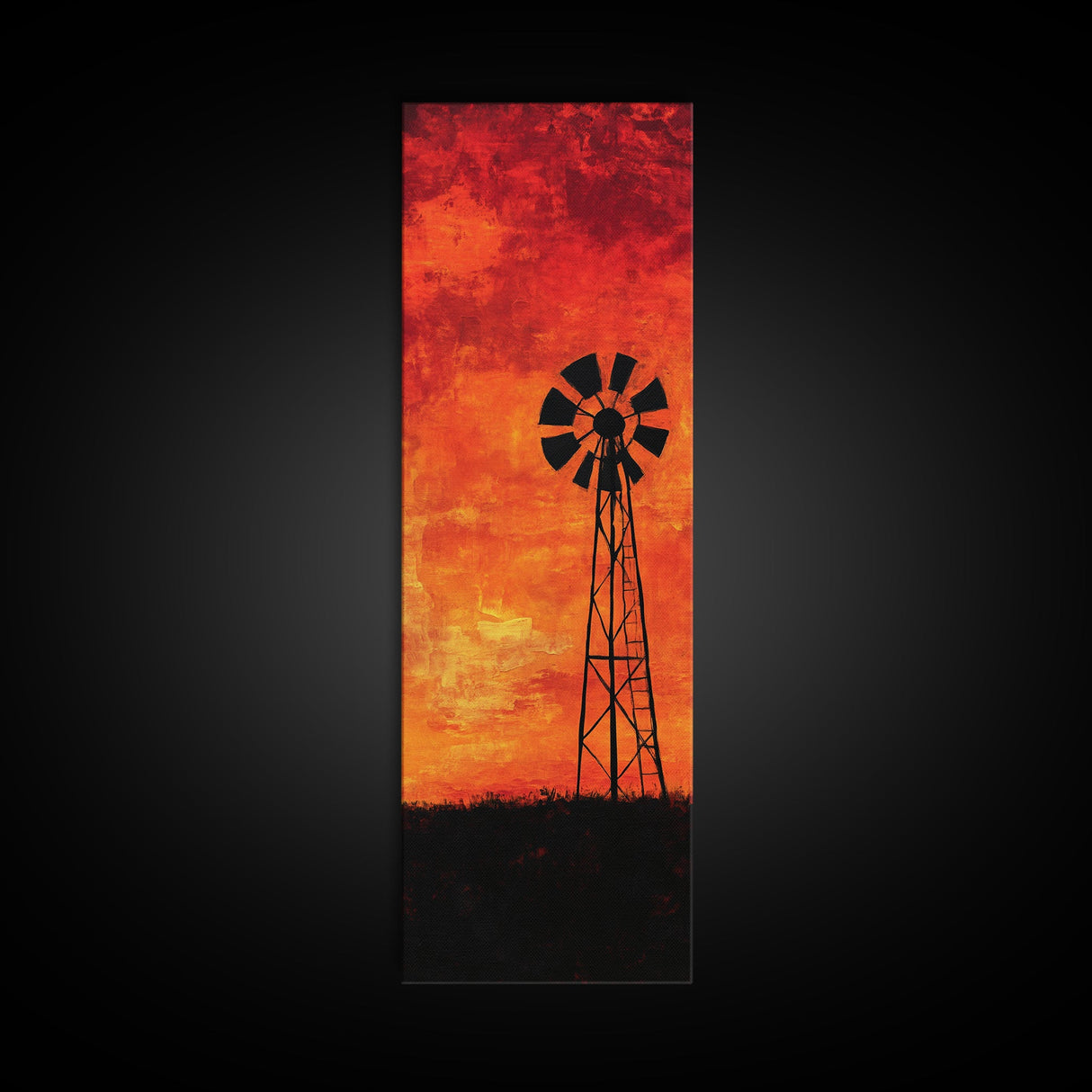 Rustic Windmill Framed Canvas Print, Southwest Farmhouse Decor, Moody Sunset Landscape Wall Art, Vertical Artwork for Bedroom