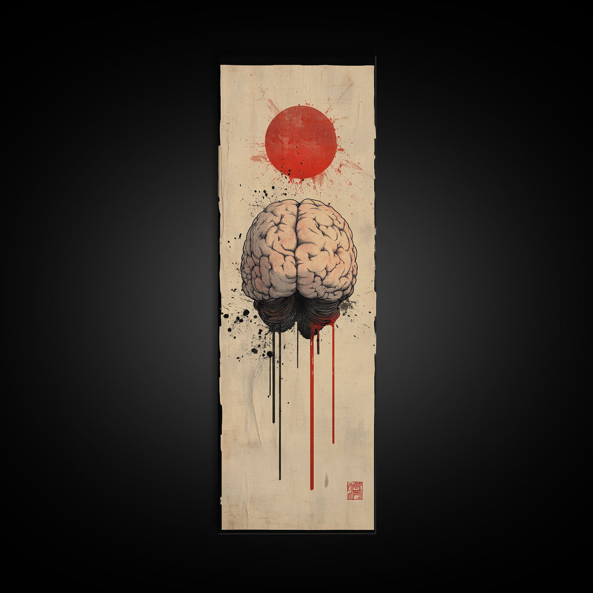 Red Sun Brain Framed Canvas Print, Abstract Science Wall Art, Moody Therapy Artwork, Vertical Wabi Sabi Decor, Living Room Art
