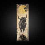 Modern Bull Artwork Framed Canvas Print, Rustic Animal Wall Art, Farmhouse Decor, Vertical Skinny Art, Pine Tree Moonlight Scene