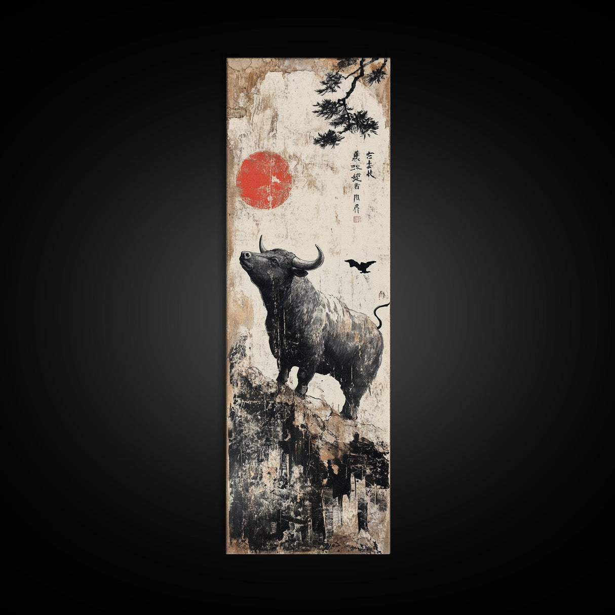 Rustic Buffalo Art Canvas Print, Wabi Sabi Minimalist Decor, Red Sun Vertical Art, Farmhouse Living Room Rustic Wall Artwork