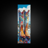 Vibrant Western Boots Framed Canvas Print, Coastal Cowgirl Artwork, Farmhouse Rustic Decor, Bright Living Room Vertical Art