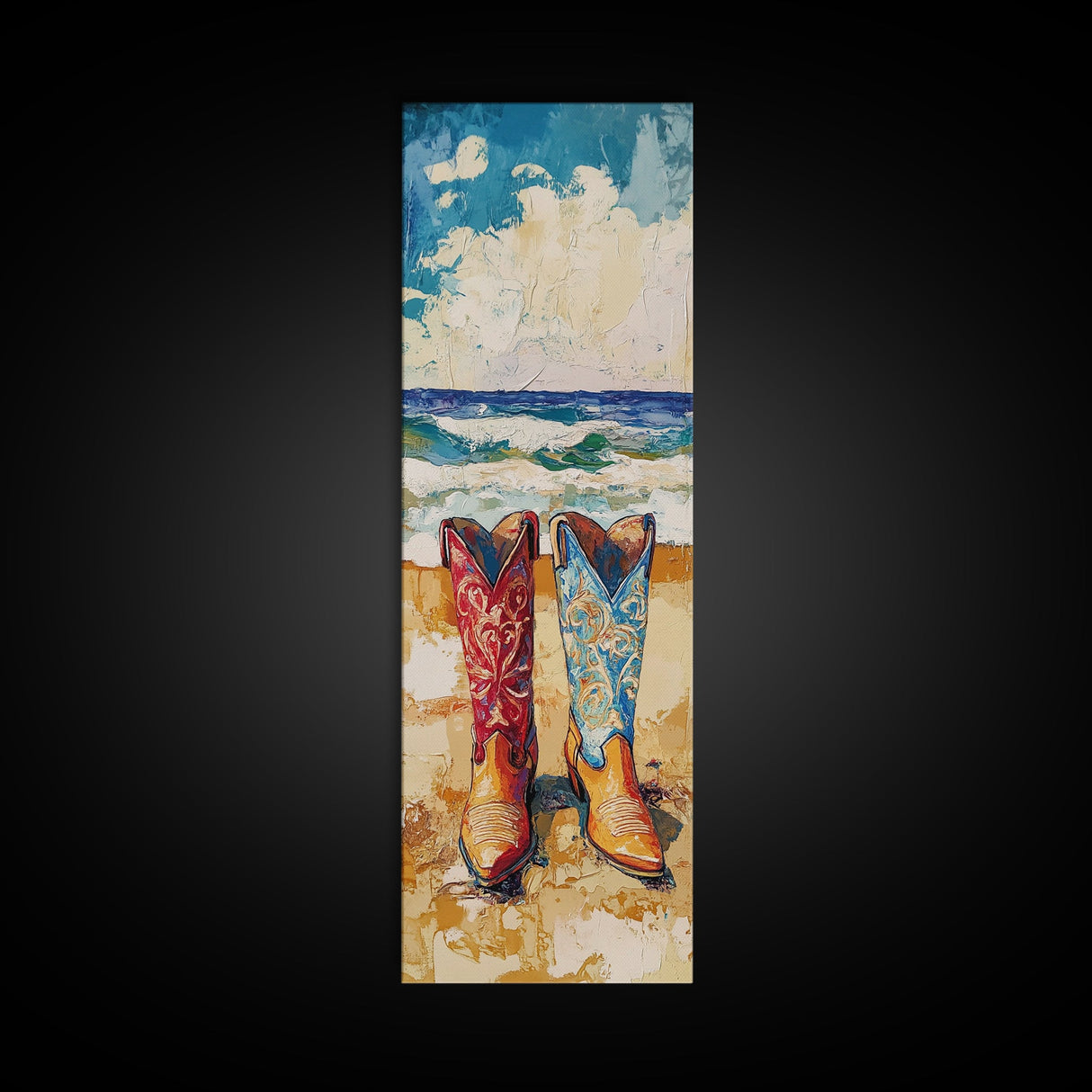 Coastal Cowgirl Boots Canvas Print, Vibrant Red and Blue Cowboy Boots on Beach with Ocean Waves, Coastal Wall Art, Nautical Decor, Gift Idea