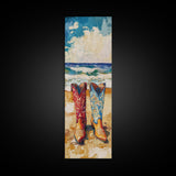 Coastal Cowgirl Boots Canvas Print, Vibrant Red and Blue Cowboy Boots on Beach with Ocean Waves, Coastal Wall Art, Nautical Decor, Gift Idea