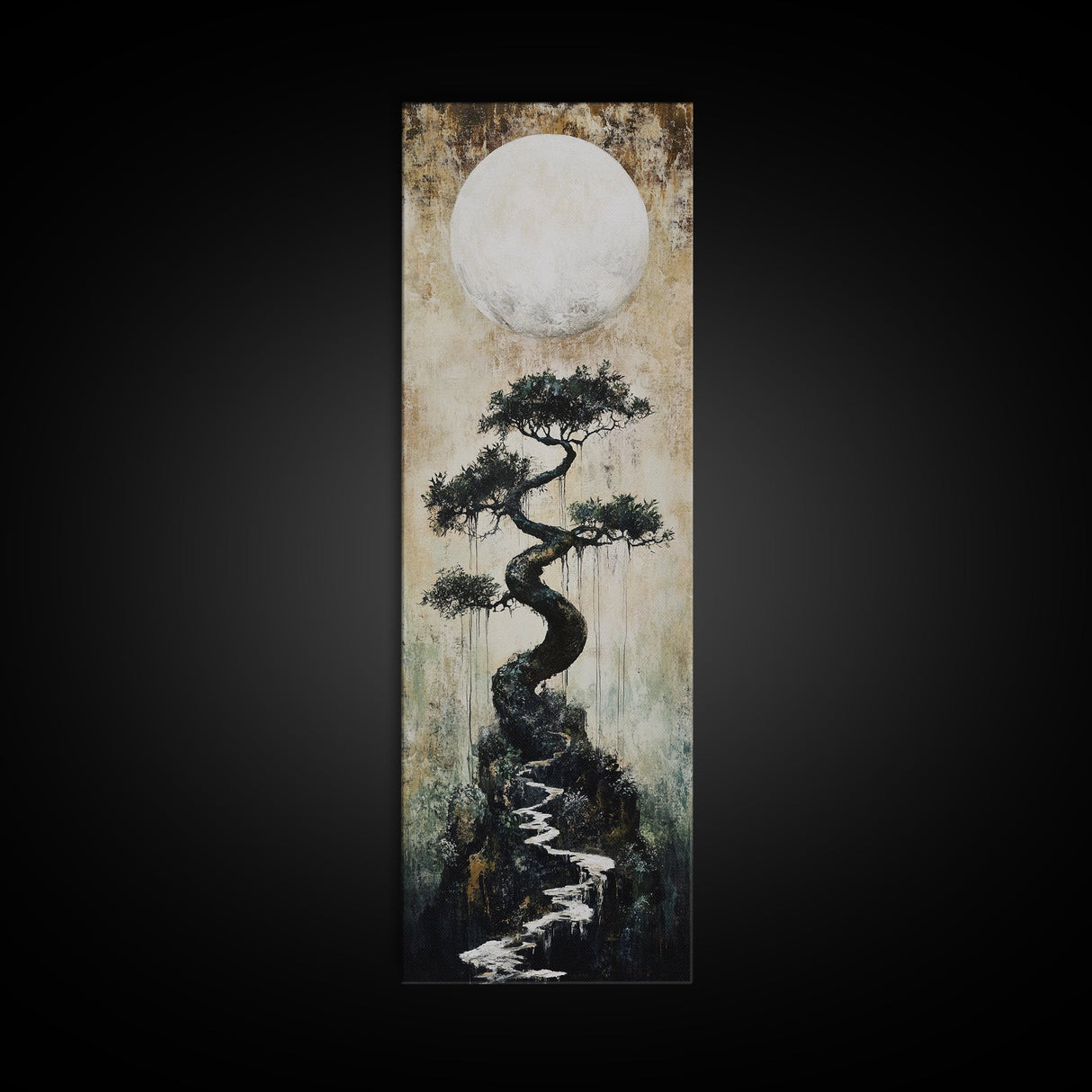 Mystical Moon and Bonsai Canvas Print Zen Wall Art Serene Wabi Sabi Decor Minimalist Nature Artwork Vertical Framed Artwork