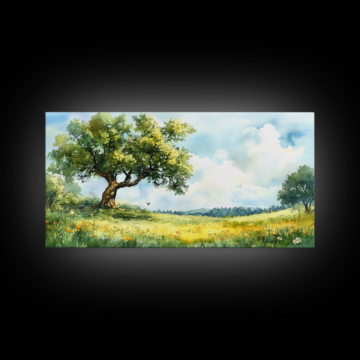Sunny Meadow Elegance Canvas Print Featuring Oak Tree Art and Wildflower Painting Rustic Decor for Living Room Wall Art
