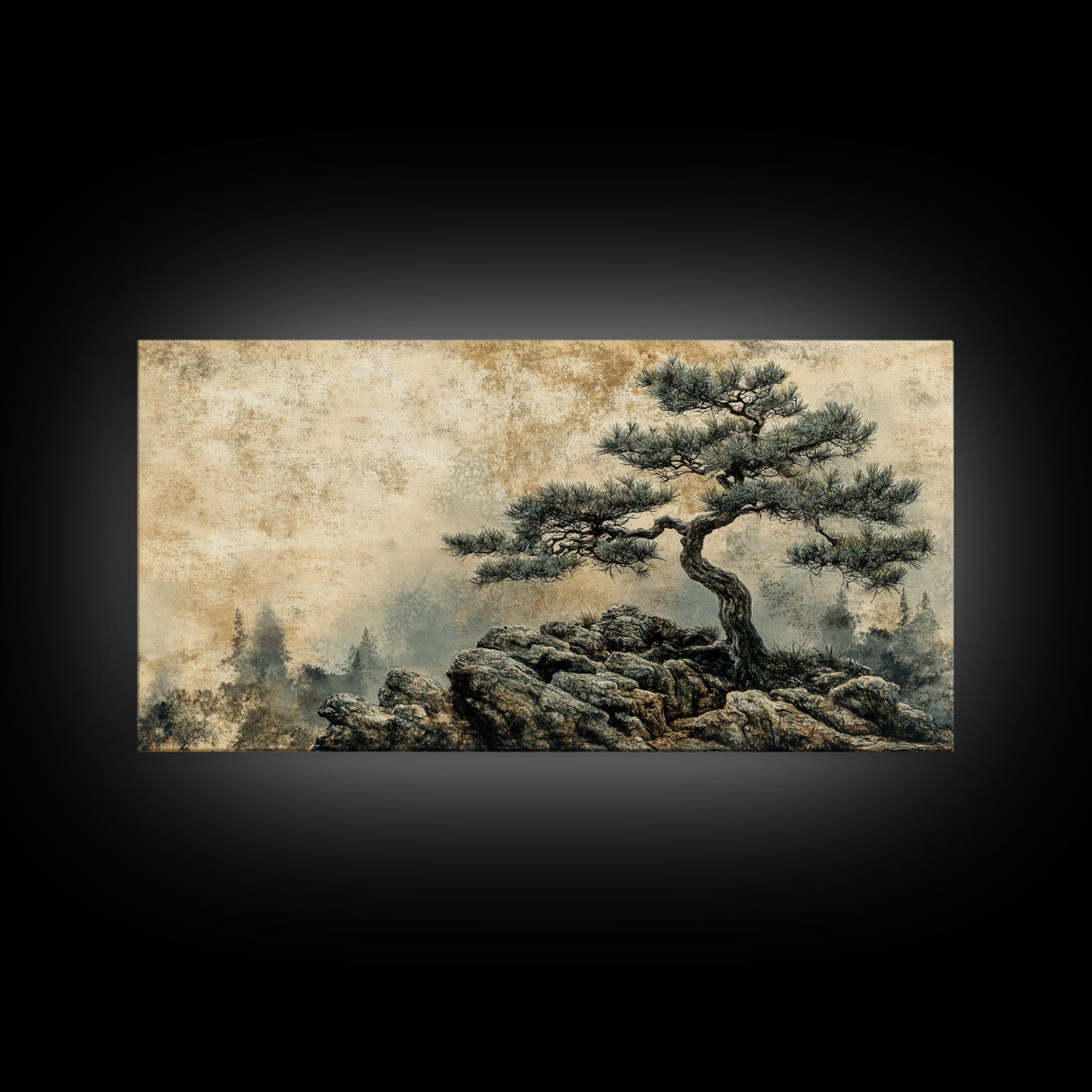 Pine Tree on Rocks Canvas Print Rustic Wall Art Wabi Sabi Minimalist Artwork Zen Art Bedroom Decor Horizontal Landscape Painting
