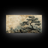 Pine Tree on Rocks Canvas Print Rustic Wall Art Wabi Sabi Minimalist Artwork Zen Art Bedroom Decor Horizontal Landscape Painting