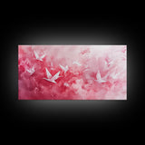 Origami Crane Flight Framed Canvas Print Featuring Pink Wall Art Whimsical Art Long Narrow Wall Art Minimalist Rustic Living Room Decor