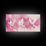 White Dove Flight Canvas Print | Angel Art Prints | Light Pink Wall Art | Minimalist Bird Art | Whimsical Living Room Decor Wall Art