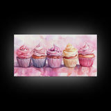 Cupcake Row Canvas Print | Whimsical Sweet Treats Wall Art | Kitchen Dessert Artwork | Pastel Food Lover's Decor | Light Pink Whimsical Art