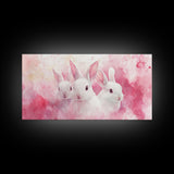Three Bunnies Canvas Print, Adorable Pink Abstract Art Featuring Rabbits, Whimsical Nursery Wall Decor or Easter Themed Art
