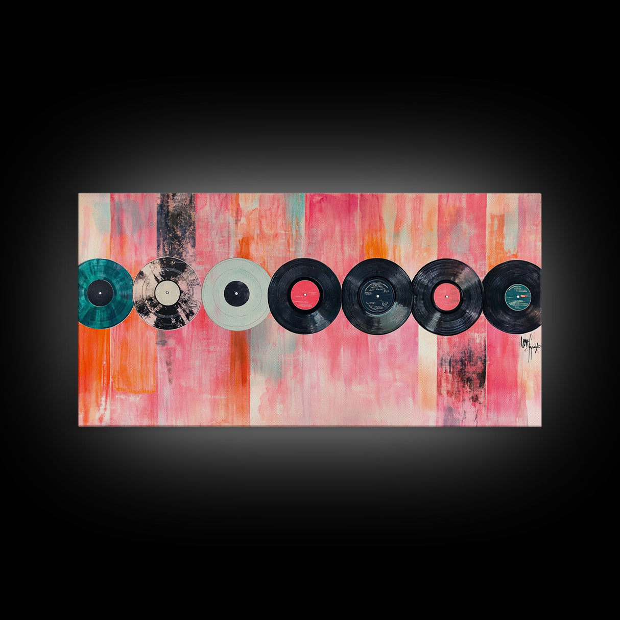 Vinyl Record Wall Art Framed Canvas Print, Pink Orange Abstract Music Art, Retro Living Room Art Minimalist Gift Idea Her