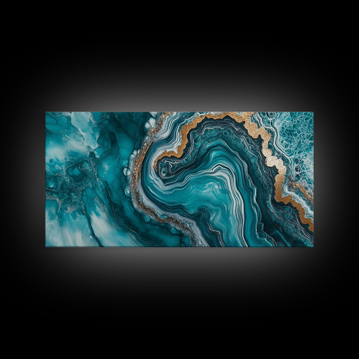 Turquoise Geode-Inspired Canvas Print, Mosaic Wall Art, Teal Wall Art, Abstract Coastal Art, Panoramic Art, Wide Wall Art, Coastal Decor