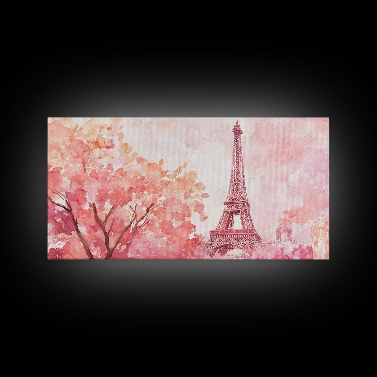 Eiffel Tower Cherry Blossom Canvas Print - Light Pink Wall Art Paris Landscape Romantic Living Room Art Bedroom Rustic Decor