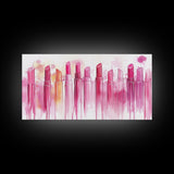 Assorted Lipstick Shades Illustration in Light Pink Wall Art on Canvas Print, Makeup Lover's Room or Vanity Decor Idea