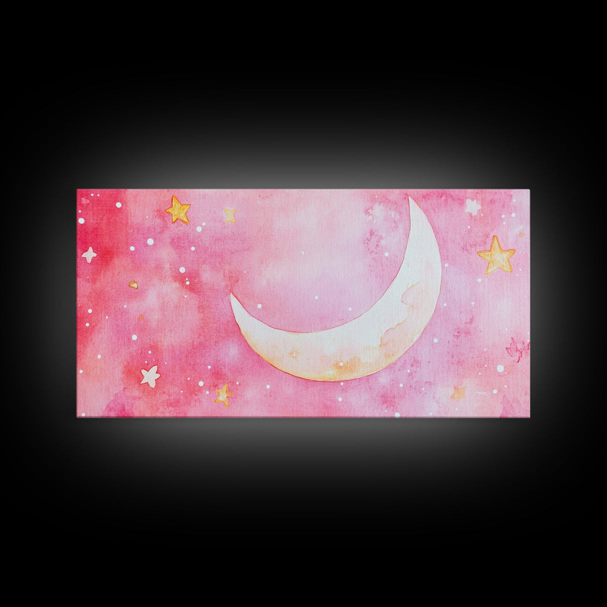 Crescent Moon and Stars Design in Pink Wall Art Style on Framed Canvas Print, Nursery or Bedroom Light Pink Whimsical Art