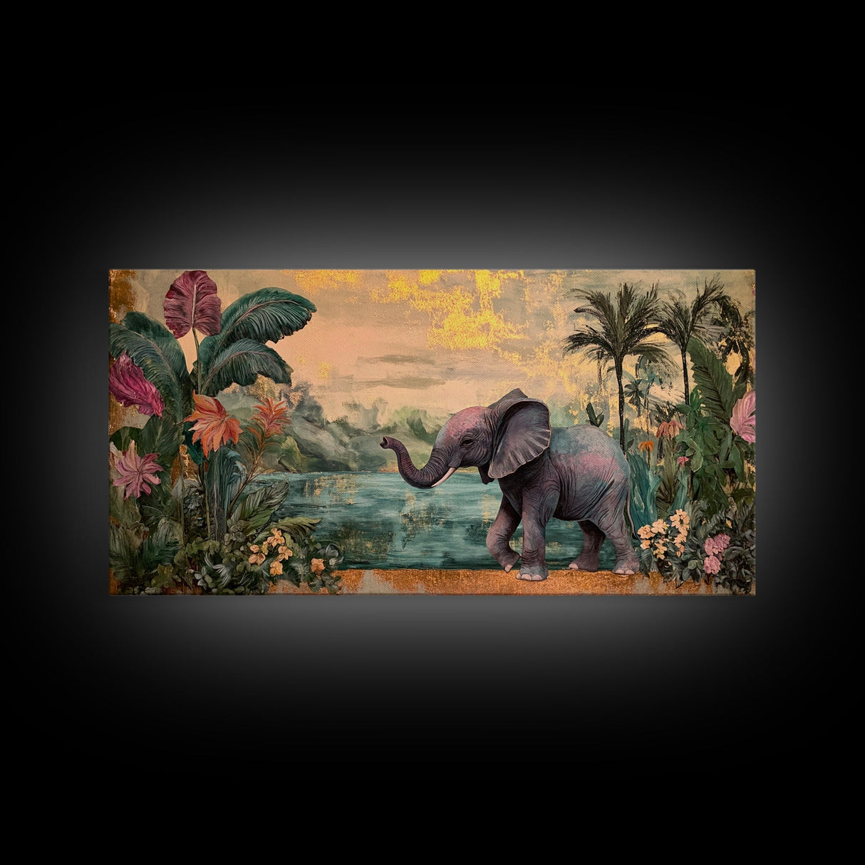 Exotic Jungle Elephant Canvas Print Rustic Botanical Decor Moody Art Wildlife Art Living Room Wall Art Gift Idea