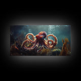 Vibrant Octopus Art Framed Canvas Print, Ocean Wildlife Wall Decor, Rustic Nautical Art, Marine Life Painting, Underwater Sea Art