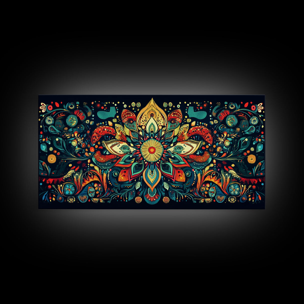 Elaborate Mandala Framed Canvas Print, Vibrant Boho Art, Spiritual Zen Wall Art, Geometric Ethereal Painting, Colorful Sacred Geometry