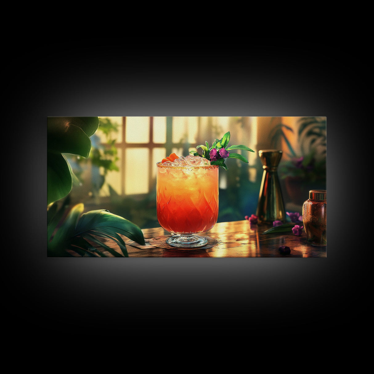 Tropical Sunset Cocktail Canvas Print, Vibrant Kitchen Wall Art, Foodie Home Decor, Botanical Drink Painting, Dining Room Cocktail Art